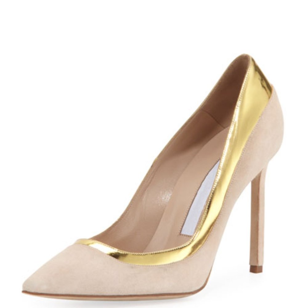 Manolo Blahnik Blush Suede with Gold Trim Pumps